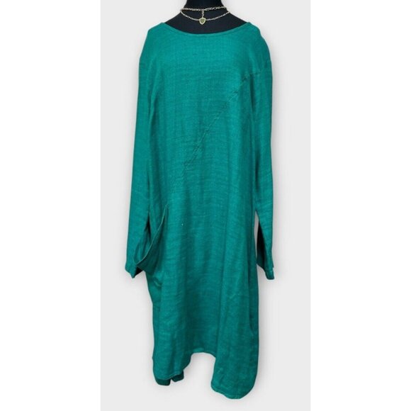 FLAX Womens Maxi Dress Size L Teal 100% Linen Long Sleeve Pockets Lagenlook - Picture 2 of 10